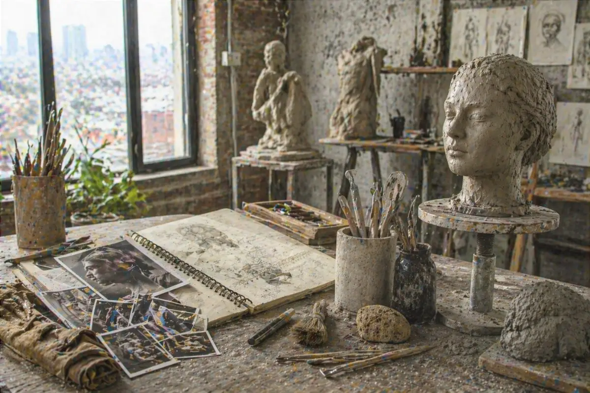 Sketches and color studies laid out on a worktable during the development phase of an artwork