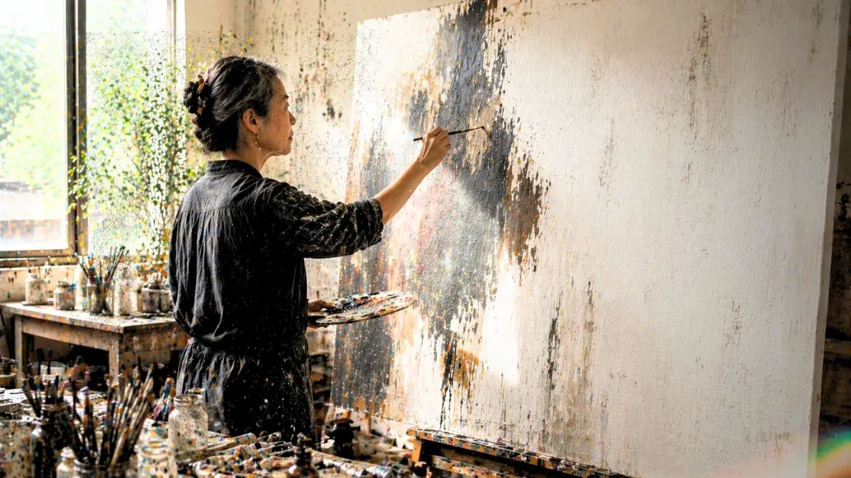 Artist painting a large canvas in a studio during the commissioning process